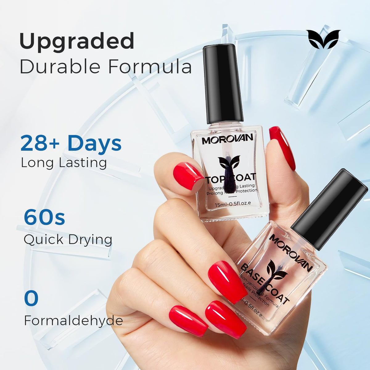 Morovan clear polish texture and glossy finish highlighting shine and quick-dry benefit