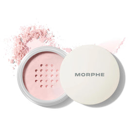 MORPHE front packaging of Bake & Set powder shows compact jar and label, travel-ready benefit