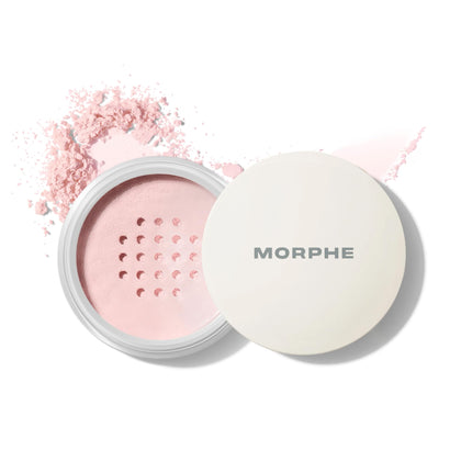 MORPHE front packaging of Bake & Set powder shows compact jar and label, travel-ready benefit