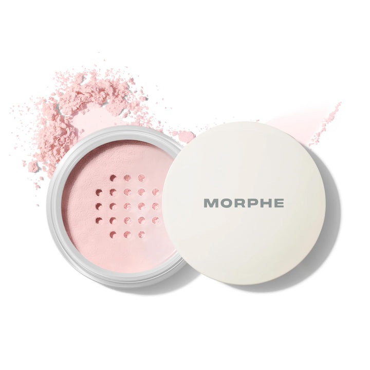 MORPHE front packaging of Bake & Set powder shows compact jar and label, travel-ready benefit