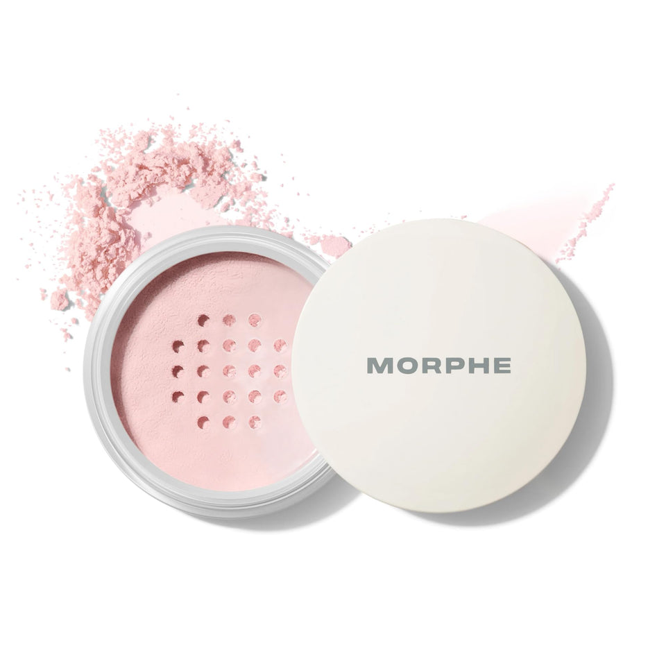 MORPHE front packaging of Bake & Set powder shows compact jar and label, travel-ready benefit