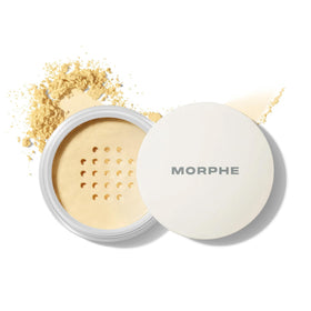Morphe jar front view showing product packaging and compact benefit