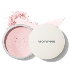MORPHE front packaging of brightening setting powder, clear label and compact jar