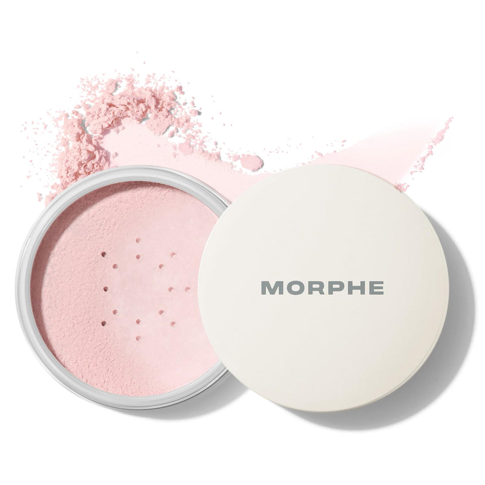 MORPHE front packaging of brightening setting powder, clear label and compact jar