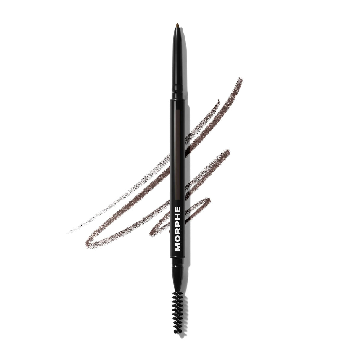 MORPHE dual eyebrow pencil front view showing slim dual-ended design and label benefit control