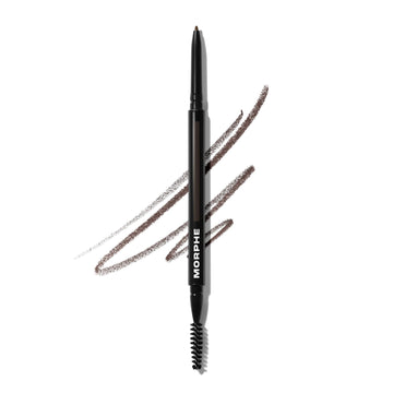 MORPHE dual eyebrow pencil front view showing slim dual-ended design and label benefit control