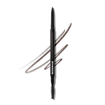 MORPHE dual eyebrow pencil front view showing slim dual-ended design and label benefit control