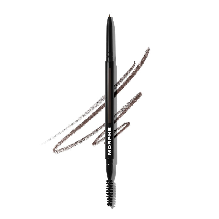 MORPHE dual eyebrow pencil front view showing slim dual-ended design and label benefit control