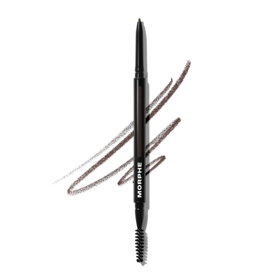 MORPHE dual eyebrow pencil front view showing slim dual-ended design and label benefit control