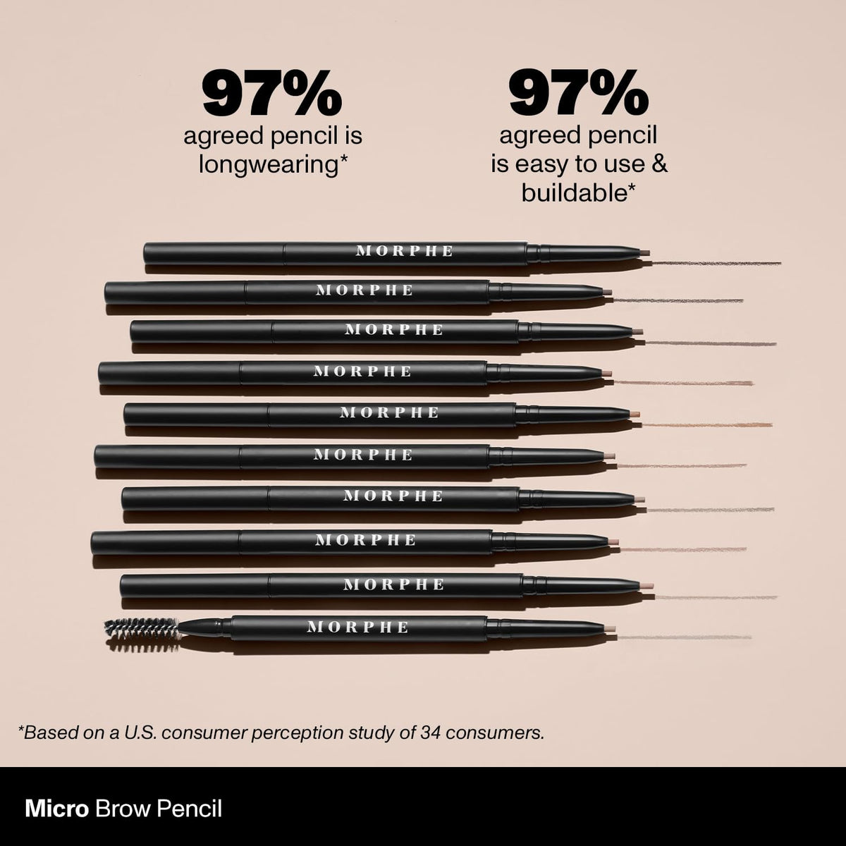 MORPHE pencil next to ruler illustrating slim compact size ideal for handbags