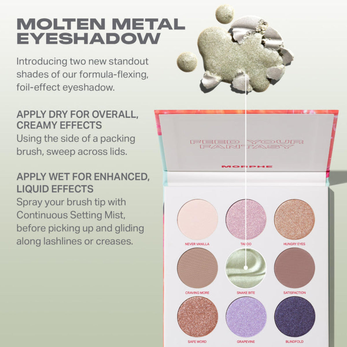 MORPHE swatches on arm showing matte, shimmer and foil textures and color payoff