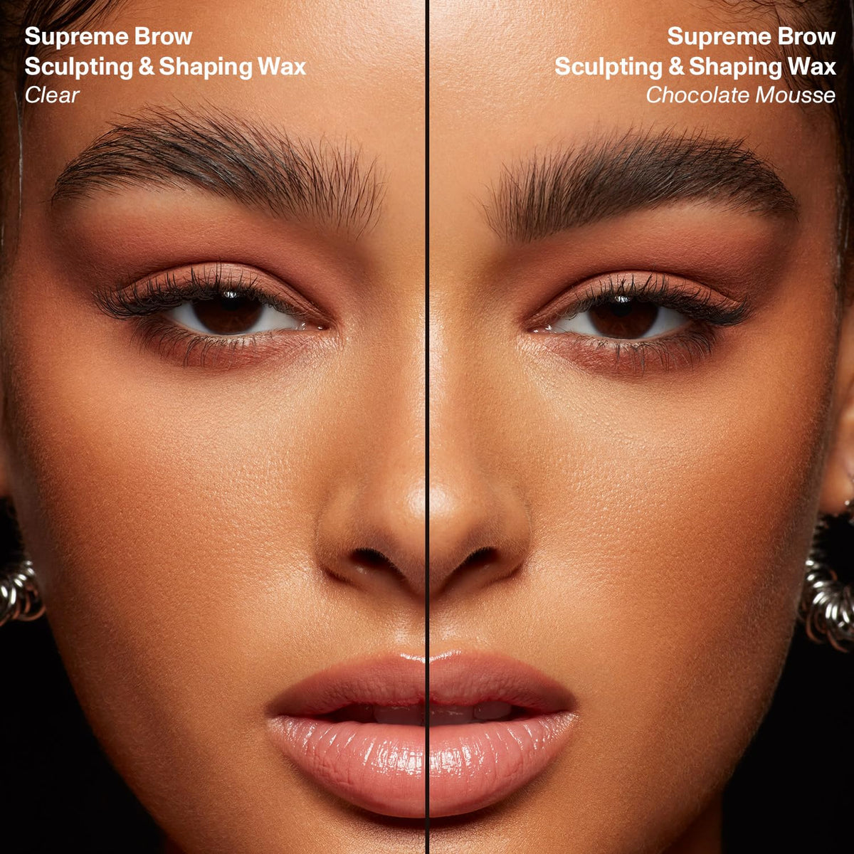 Morphe close-up of brow finish showing glossy shine and flexible hold benefit