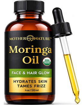 Mother Nature Organics front packaging showing clean organic moringa oil bottle and benefits