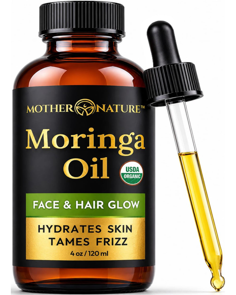 Mother Nature Organics front packaging showing clean organic moringa oil bottle and benefits