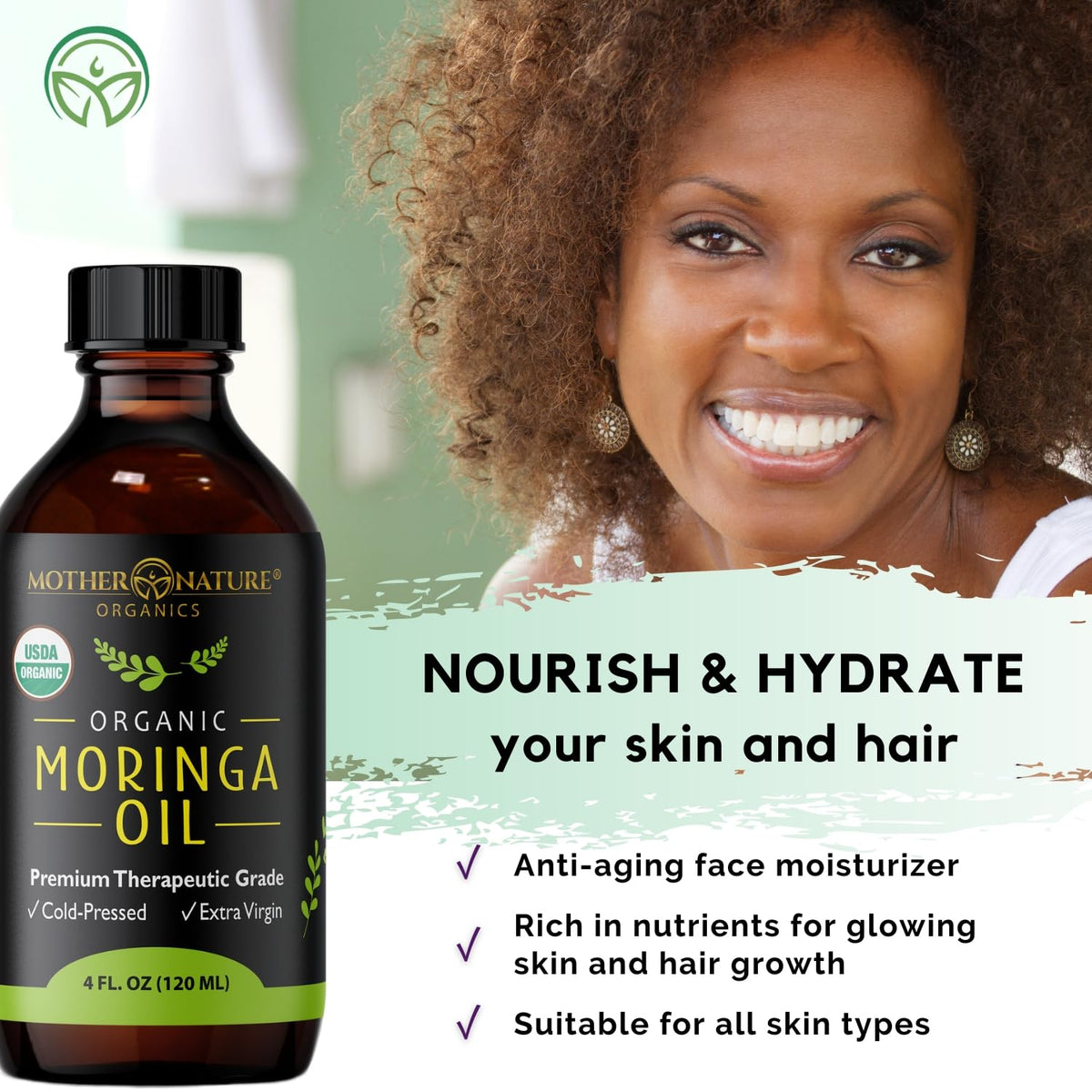 Mother Nature Organics smoothing hair mid-lengths to ends to reduce frizz and add shine