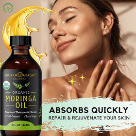 Mother Nature Organics moringa oil drop closeup showing lightweight texture and fast absorption