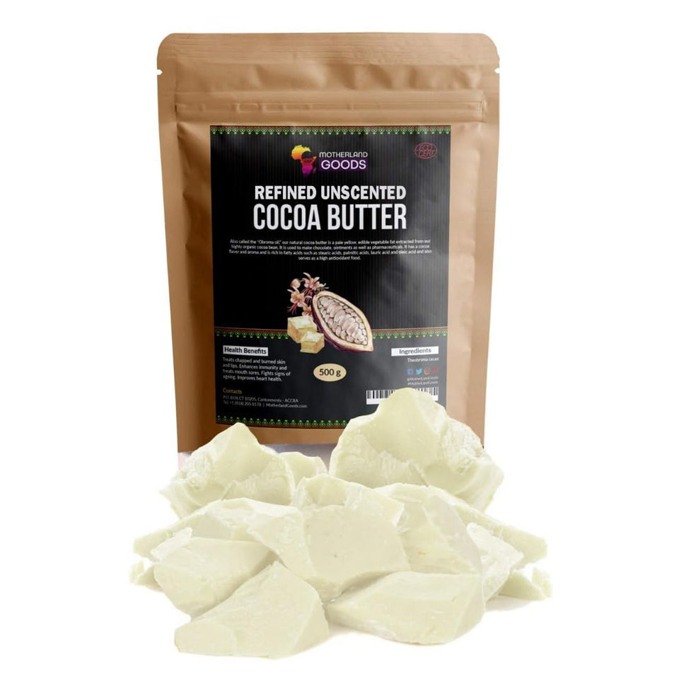 Motherland Goods cocoa butter chunks front view showing smooth unscented butter and moisturizing benefit