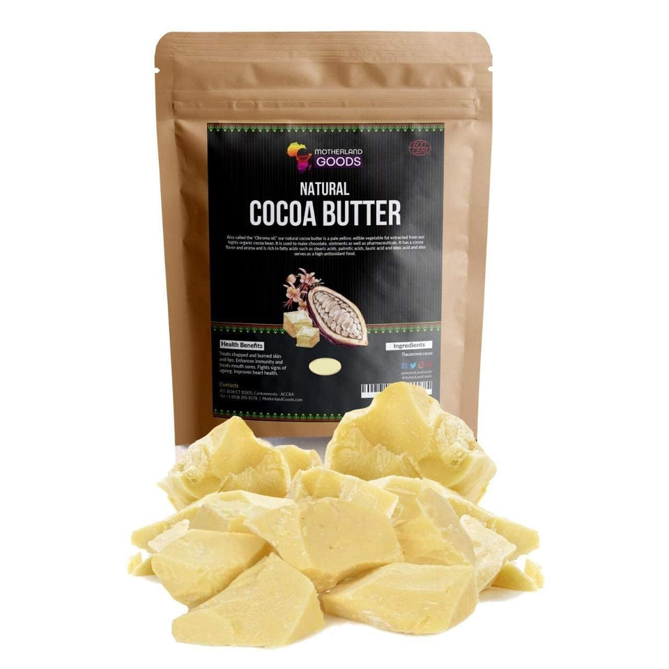 Motherland Goods cocoa butter front view showing solid chunks and natural aroma benefit