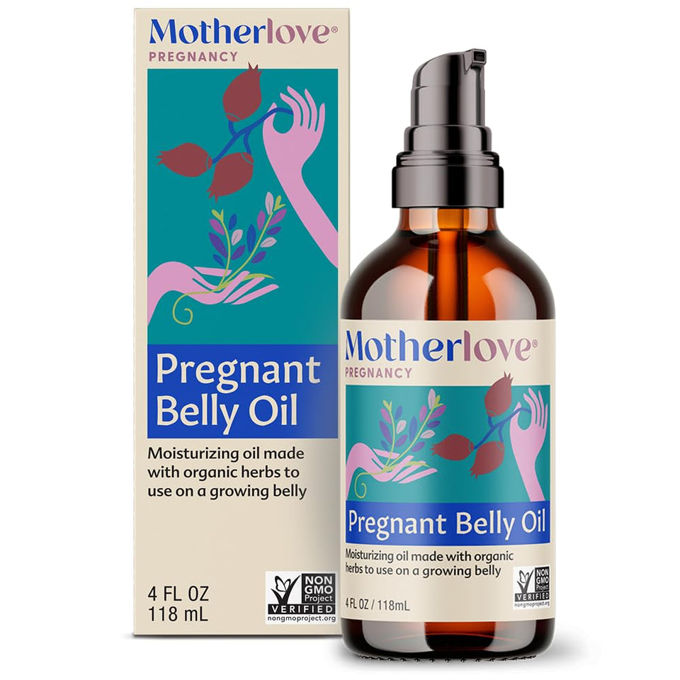 Motherlove bottle front view shows organic belly oil and quick absorption benefit