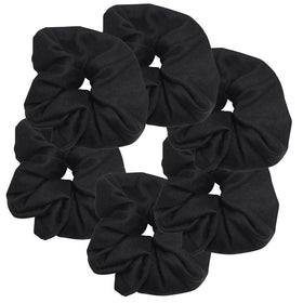 Motique Accessories front pack of six black scrunchies shows value and classic look