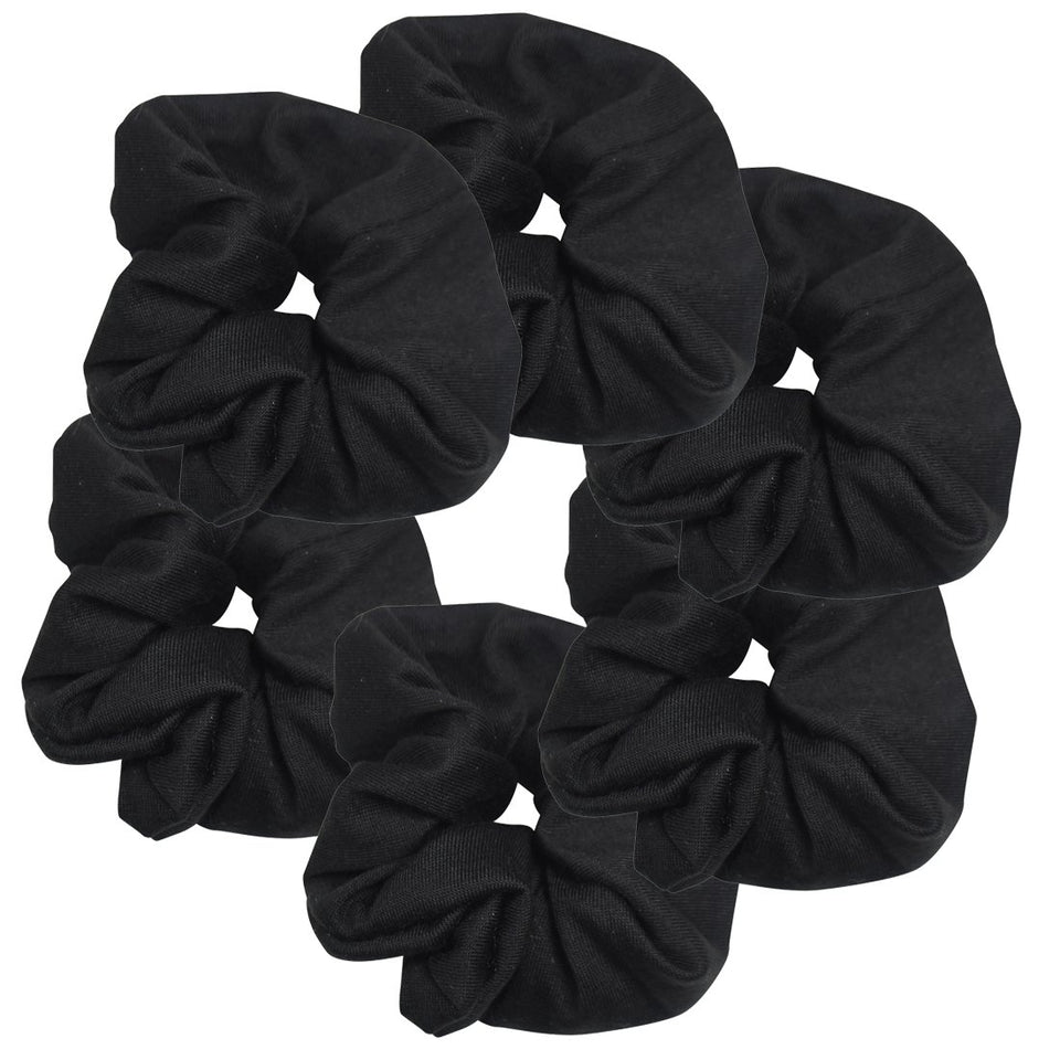 Motique Accessories front pack of six black scrunchies shows value and classic look