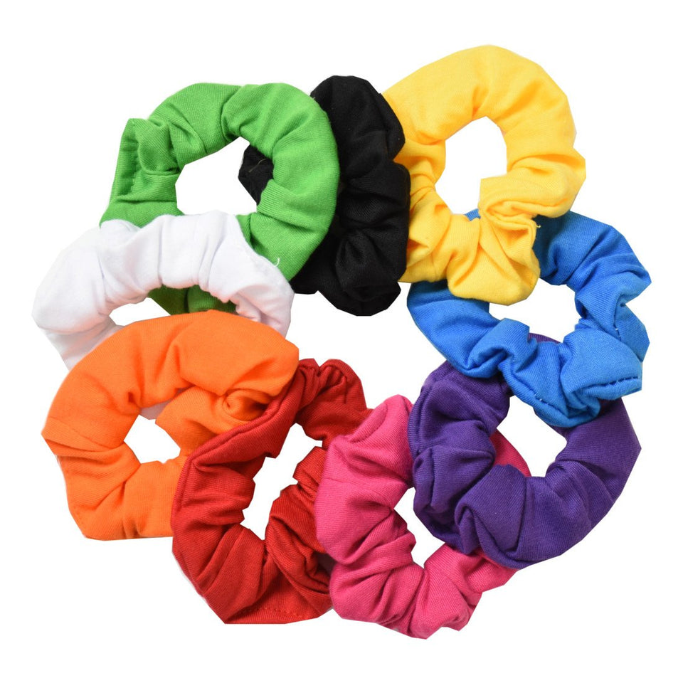 Motique Accessories front pack showing nine bright scrunchies and color variety