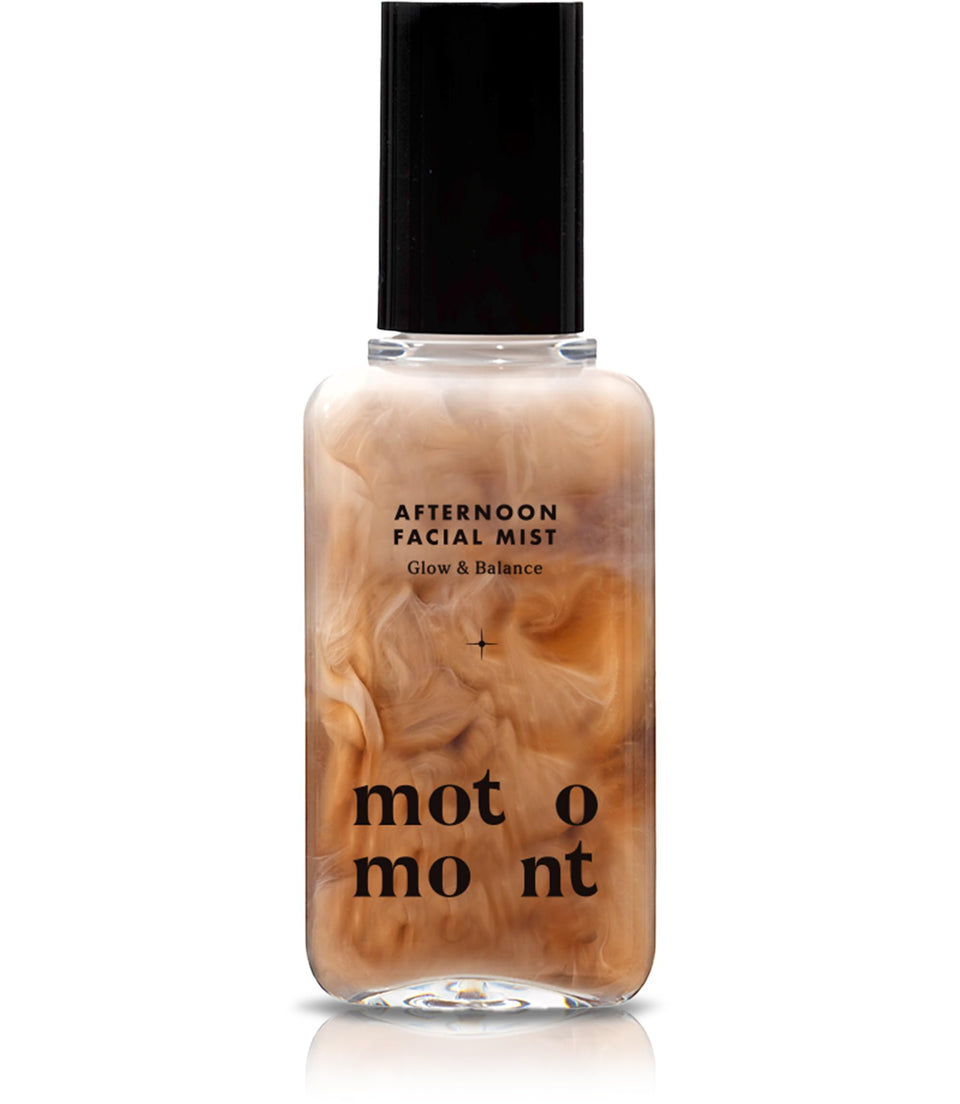 motomont front bottle packaging showing dewy skin mist, highlights quick makeup setting benefit