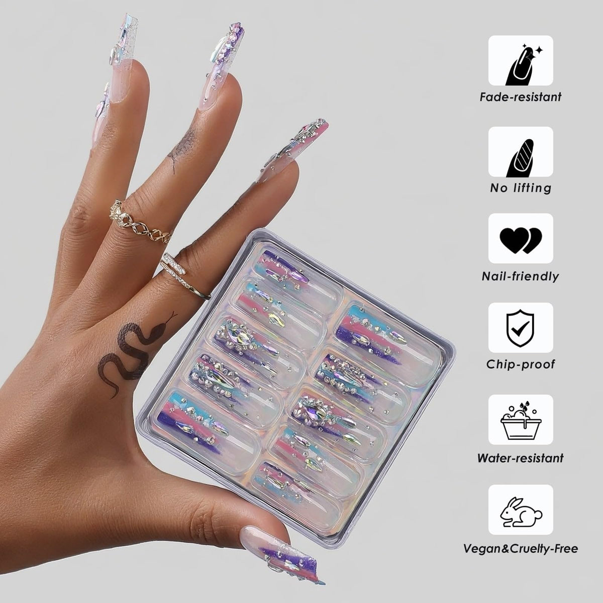 MqpQ application kit flatlay showing 24 nails and tools for an easy home manicure
