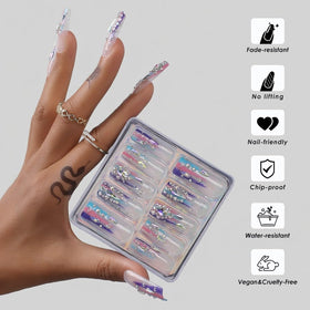 MqpQ application kit flatlay showing 24 nails and tools for an easy home manicure