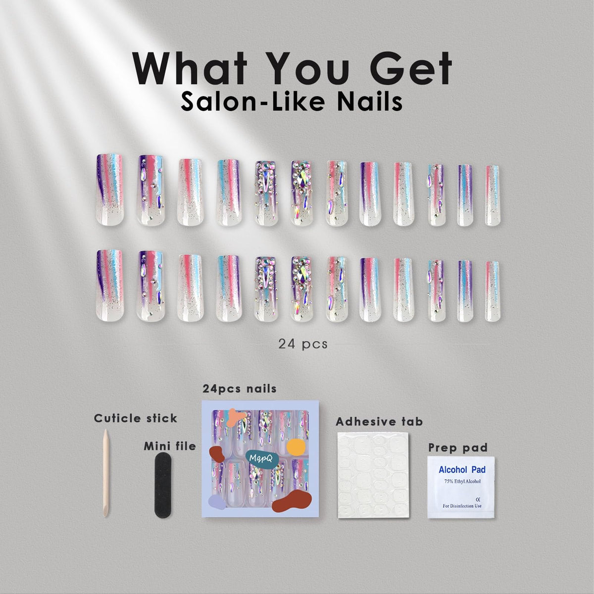 MqpQ nail in hand scale comparison demonstrating length and full-cover fit benefit