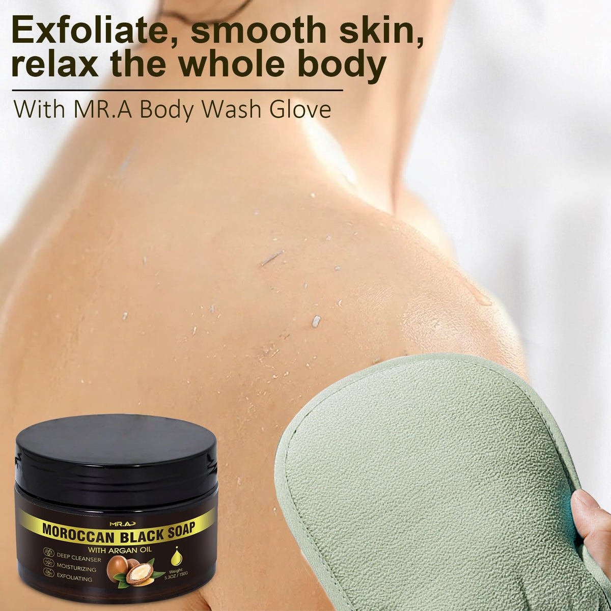 MR.A black soap applied on exfoliating glove for effective removal