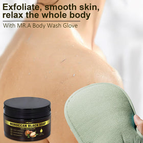 MR.A black soap applied on exfoliating glove for effective removal