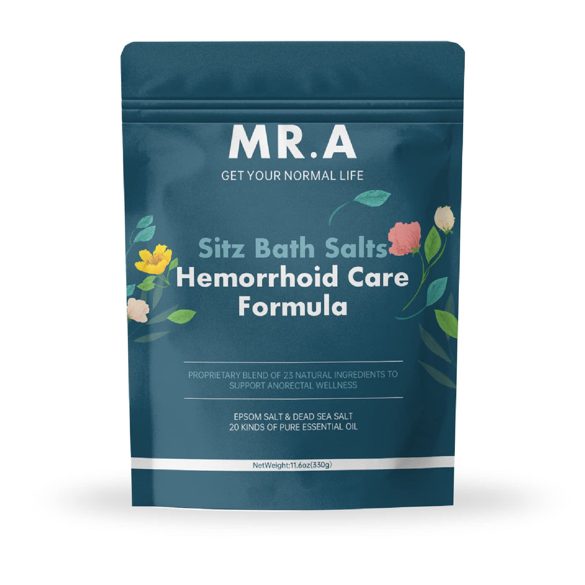 MR.A front pouch showing label and resealable closure, easy storage benefit
