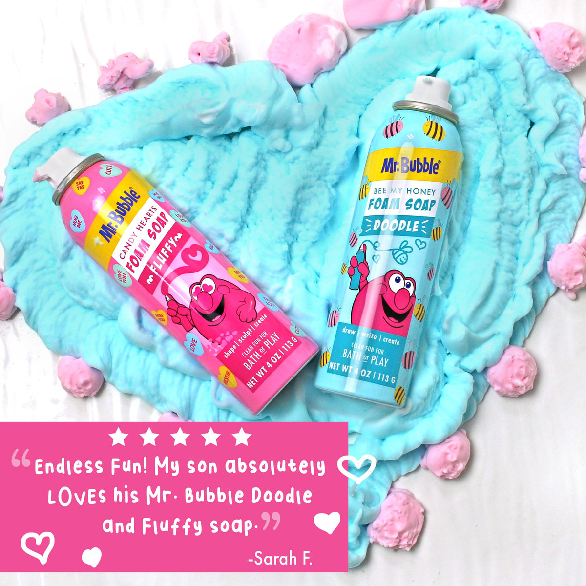 Four Mr. Bubble bottles boxed illustrating pack size and convenient travel-ready benefit