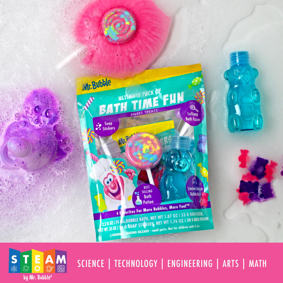 Mr. Bubble bath bomb fizzing in water demonstrating fizz action and visual engagement
