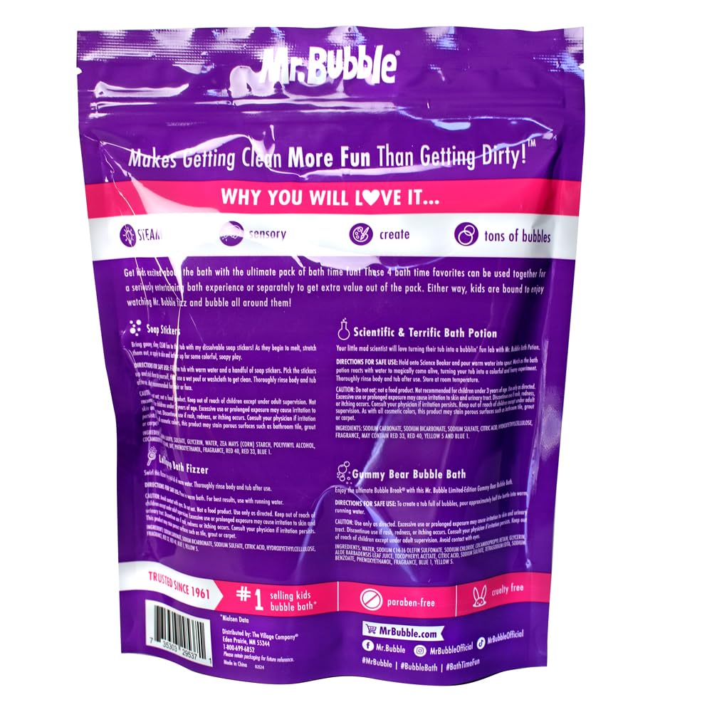 Mr. Bubble bath potion close-up showing liquid swirl that creates colorful sensory effects