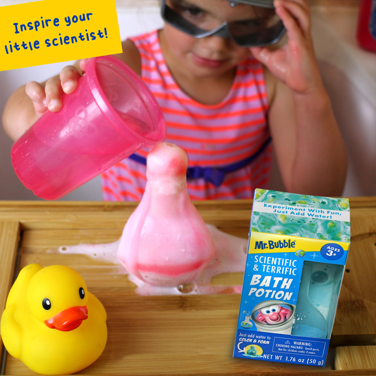 Bathroom scene with Mr. Bubble potions creating playful bath time family moment