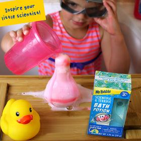Bathroom scene with Mr. Bubble potions creating playful bath time family moment