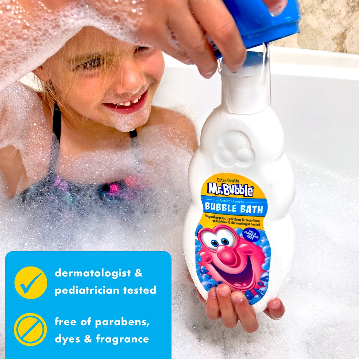 Mr. Bubble on bathroom shelf suggesting everyday family convenience