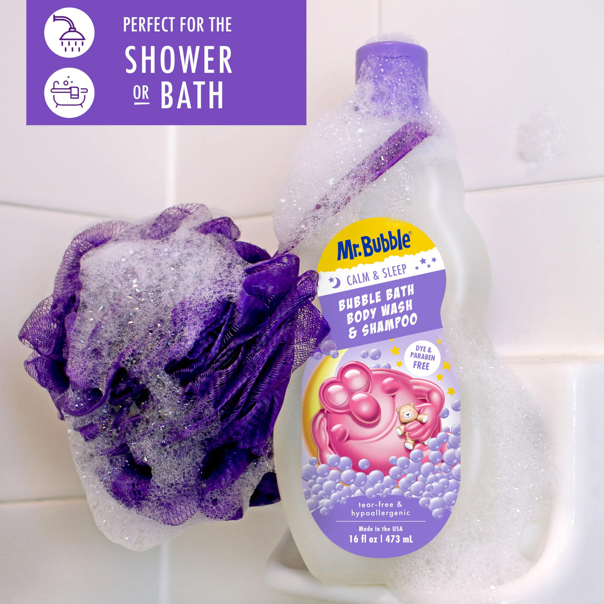 Mr. Bubble closeup label highlights ingredients and gentle, tear-free benefit