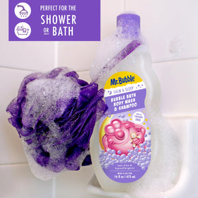Mr. Bubble closeup label highlights ingredients and gentle, tear-free benefit