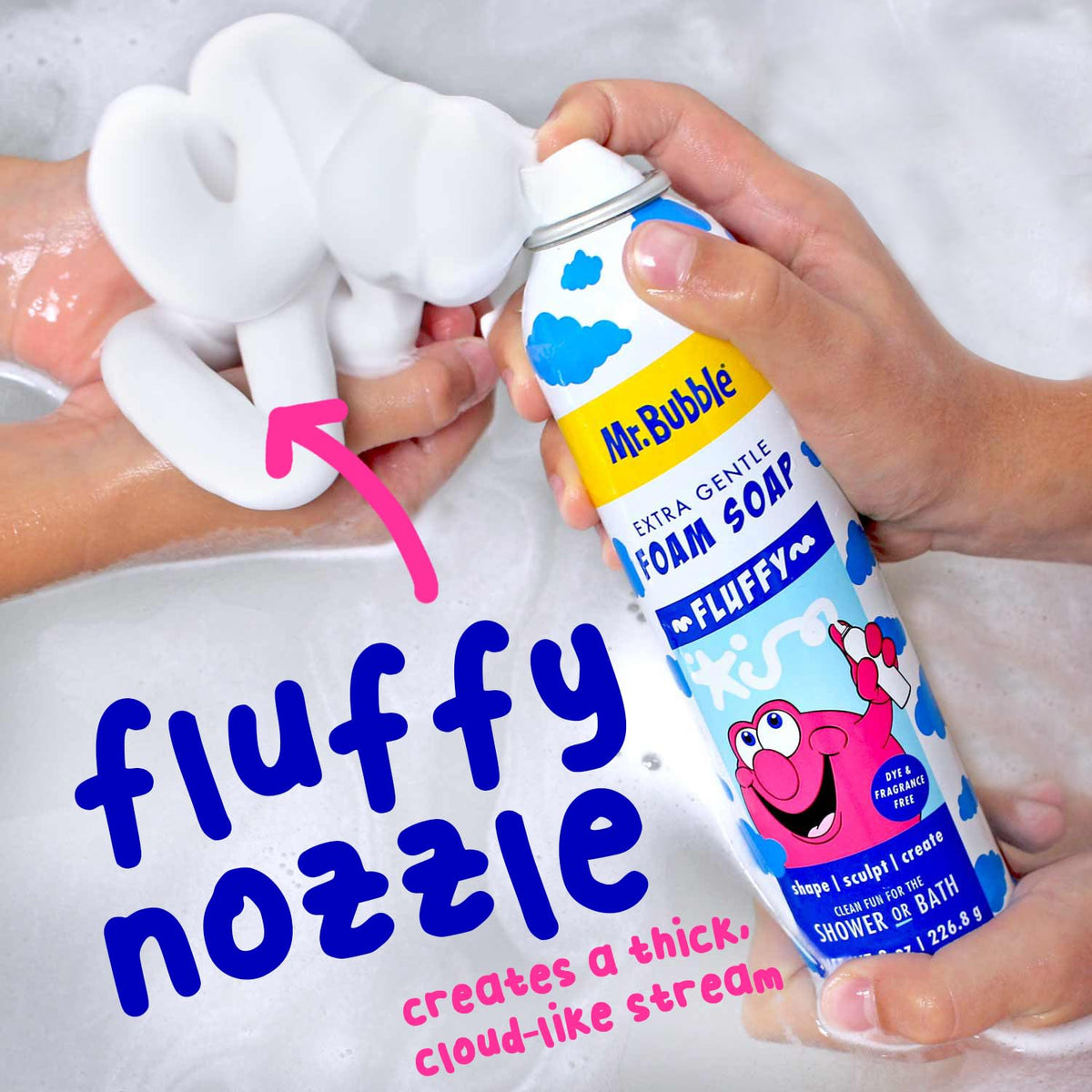 Mr. Bubble bottle beside a toy showing size and child-friendly scale