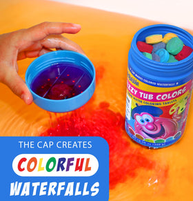 Mr. Bubble cap used to pour a colorful waterfall into tub showing dynamic play
