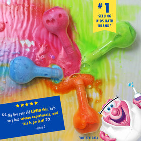 Child playing with Mr. Bubble beaker in tub showing engaging hands-on bath fun