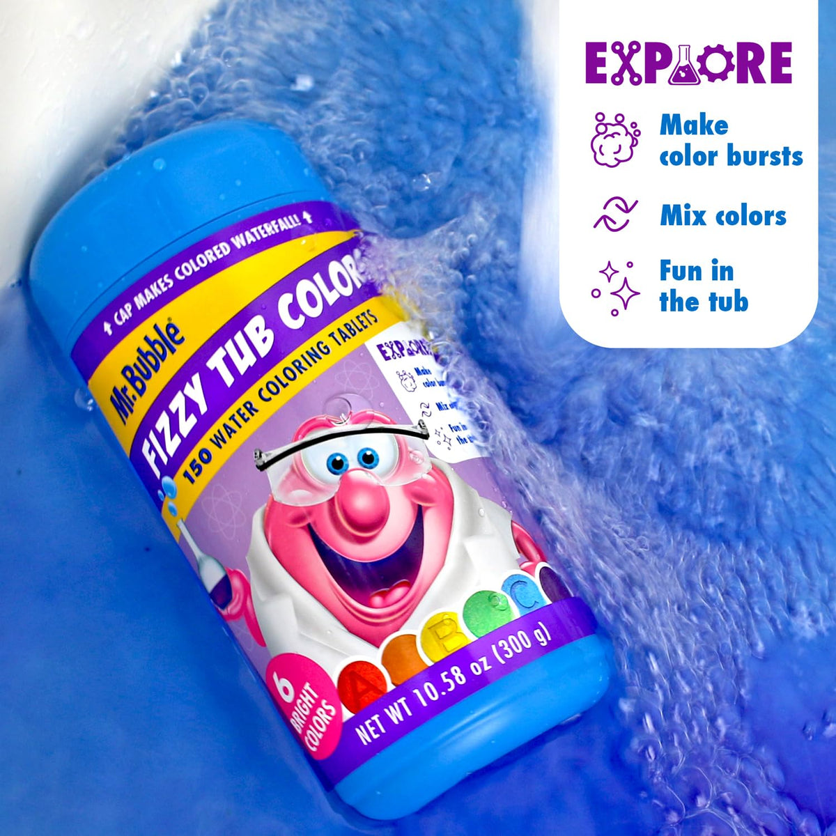 Mr. Bubble multicolored bath showing blended hues and creative color mixing activity