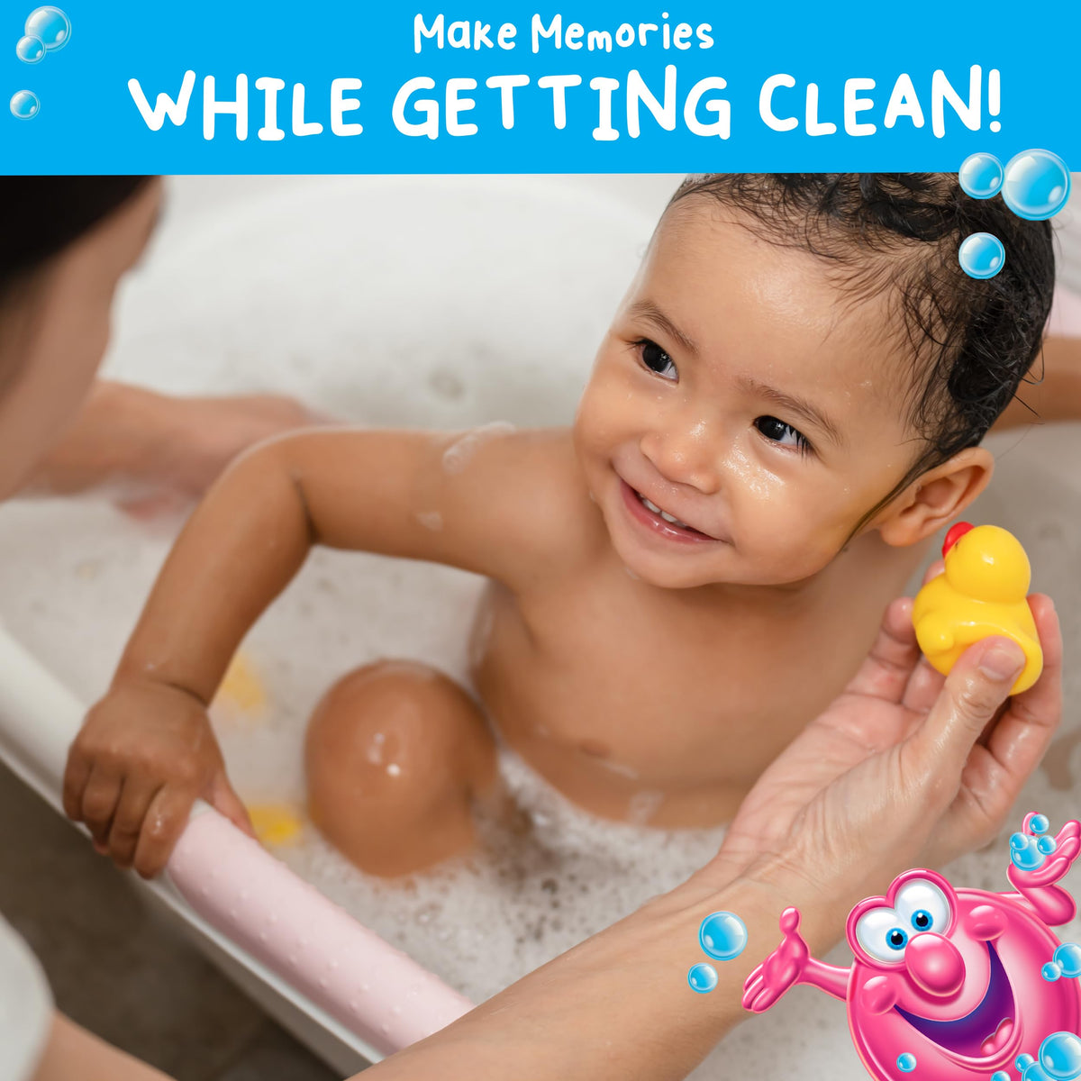 Family enjoying bath with Mr. Bubble bubbles for gentle fun