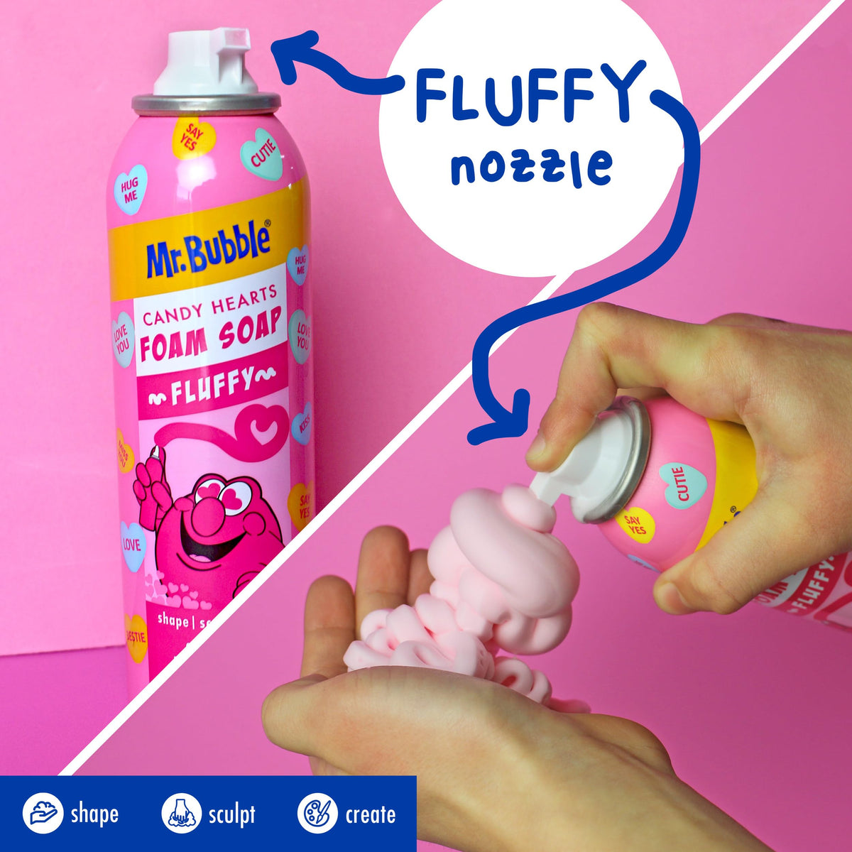 Mr. Bubble foam on hand demonstrating soft lather and moisturizing clean benefit