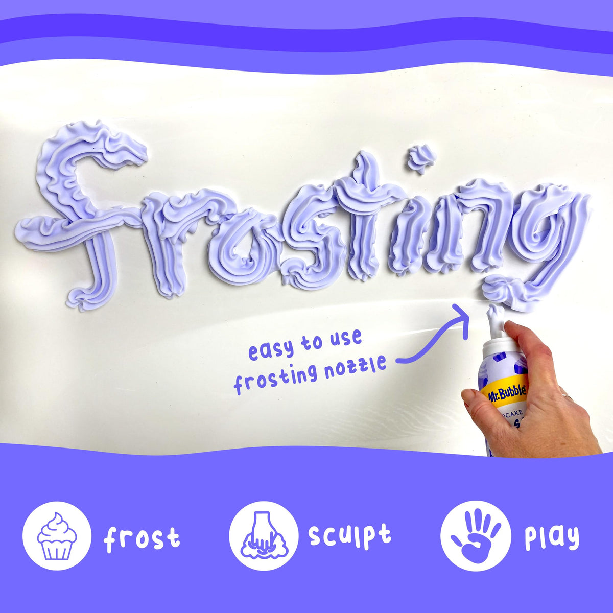 Mr. Bubble foam texture detail on hand showing creamy foam benefit: gentle cleansing