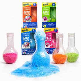 Mr. Bubble front packaging beakers showing colorful bath potion variety and easy use