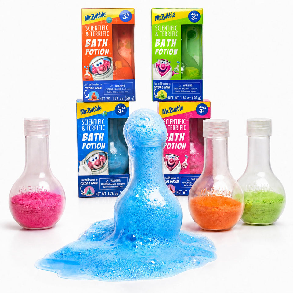 Mr. Bubble front packaging beakers showing colorful bath potion variety and easy use